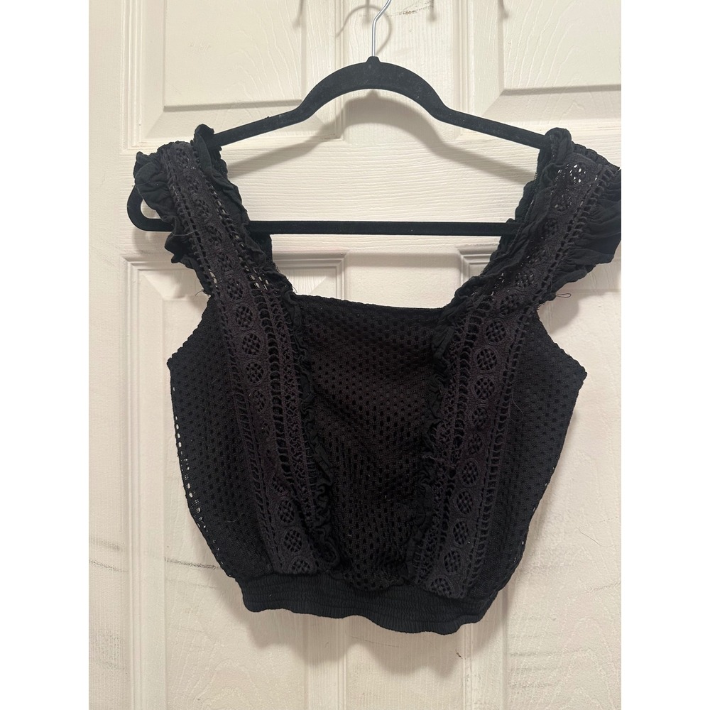 Black Crochet Lace Smocked Crop Top Ruffle Strap Boho Festival Tank S